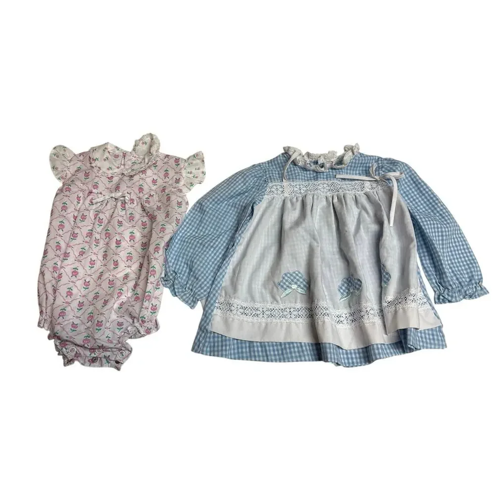 Vintage 80s Baby Girl Cottagecore Apron Dress Blue Romper Pink Lace‎ Prairie 12M
